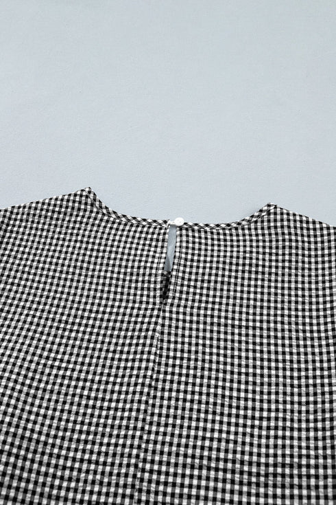 Plaid Bow Ruffled Half Sleeve Round Neck Blouse