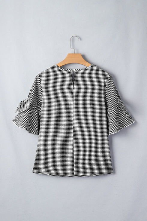 Plaid Bow Ruffled Half Sleeve Round Neck Blouse