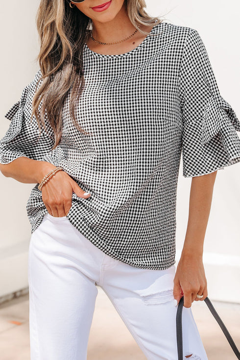 Plaid Bow Ruffled Half Sleeve Round Neck Blouse