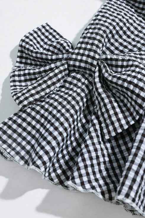 Plaid Bow Ruffled Half Sleeve Round Neck Blouse