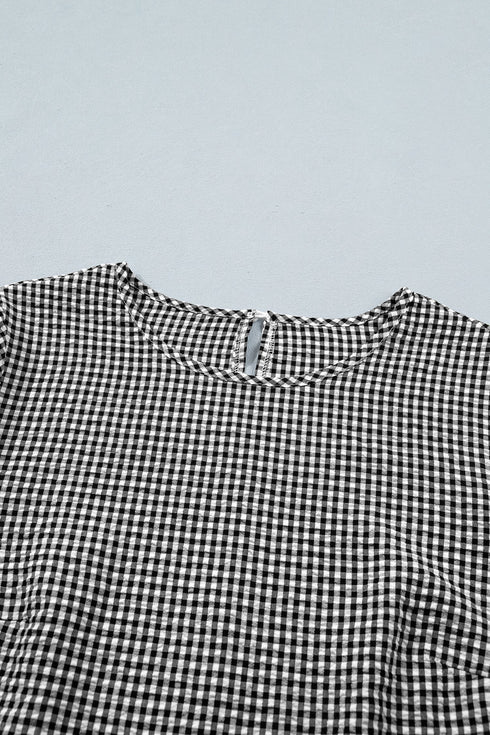 Plaid Bow Ruffled Half Sleeve Round Neck Blouse