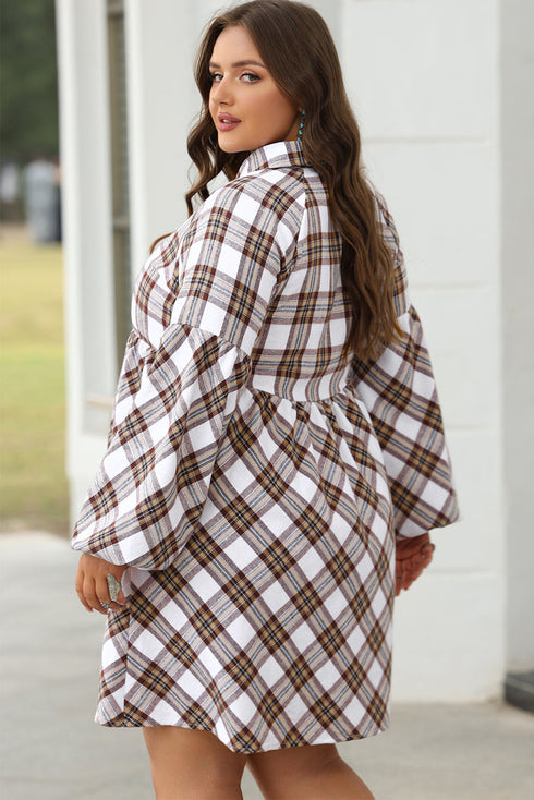 Plaid Bubble Sleeve Flowy Shirt Mini Dress