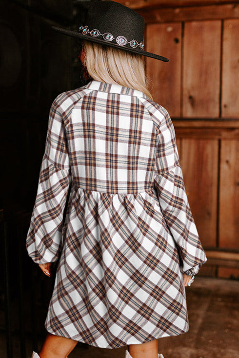 Plaid Bubble Sleeve Flowy Shirt Mini Dress