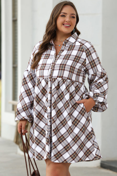 Plaid Bubble Sleeve Flowy Shirt Mini Dress