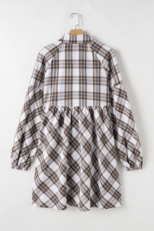 Plaid Bubble Sleeve Flowy Shirt Mini Dress
