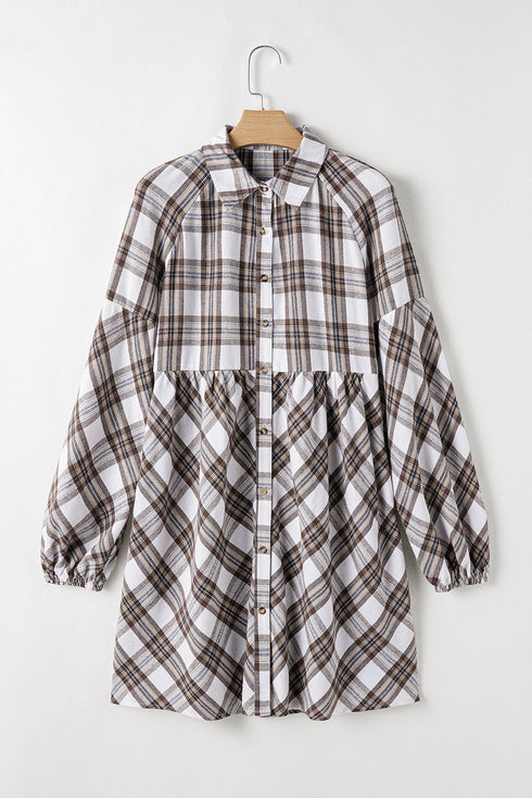 Plaid Bubble Sleeve Flowy Shirt Mini Dress