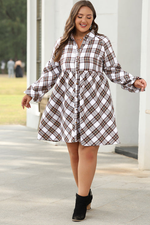Plaid Bubble Sleeve Flowy Shirt Mini Dress