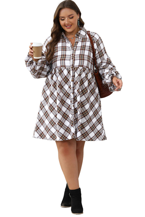 Plaid Bubble Sleeve Flowy Shirt Mini Dress