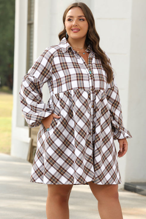 Plaid Bubble Sleeve Flowy Shirt Mini Dress