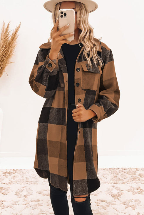 Plaid Button-Down Flap Pocket Long Shacket