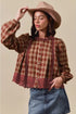 Plaid Button Front Eyelet Detail Long Sleeve Blouse