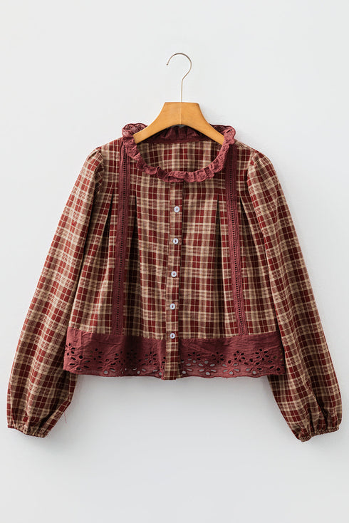 Plaid Button Front Eyelet Detail Long Sleeve Blouse