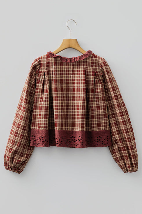 Plaid Button Front Eyelet Detail Long Sleeve Blouse