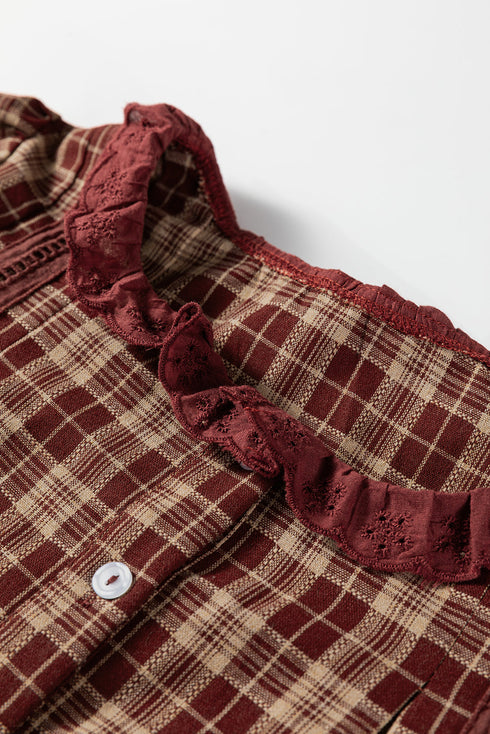 Plaid Button Front Eyelet Detail Long Sleeve Blouse