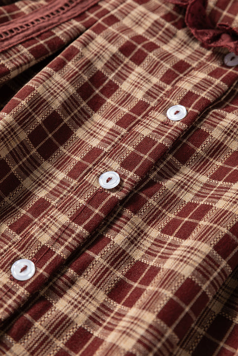 Plaid Button Front Eyelet Detail Long Sleeve Blouse