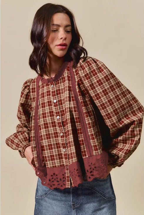 Plaid Button Front Eyelet Detail Long Sleeve Blouse