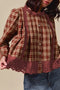 Plaid Button Front Eyelet Detail Long Sleeve Blouse