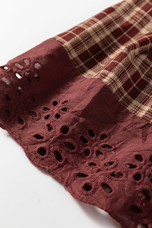 Plaid Button Front Eyelet Detail Long Sleeve Blouse