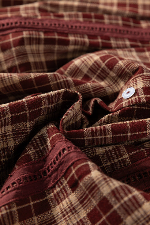 Plaid Button Front Eyelet Detail Long Sleeve Blouse