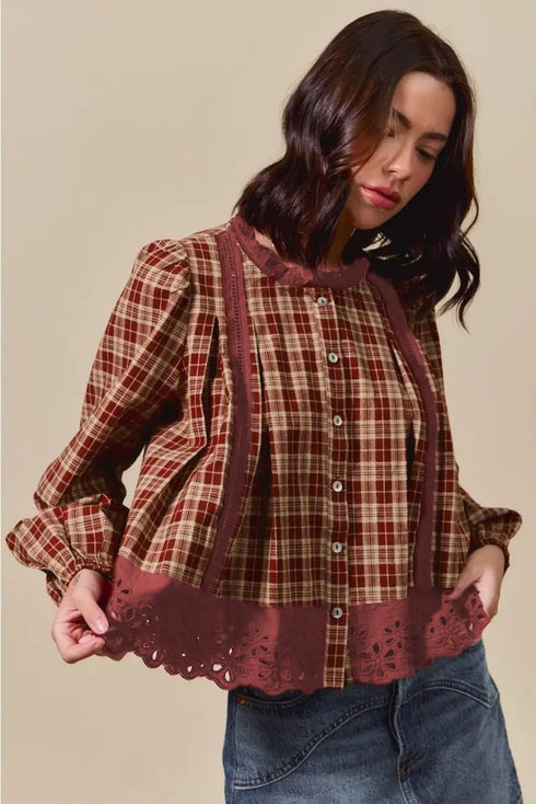 Plaid Button Front Eyelet Detail Long Sleeve Blouse