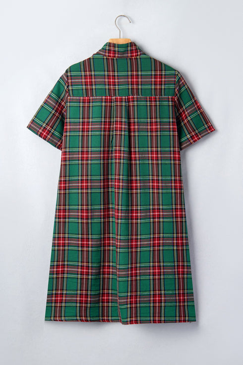 Plaid Button Front Short Sleeve Shift Mini Dress