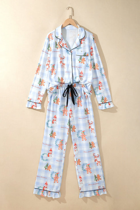 Plaid Cartoon Print Shirt Top And Pants Lounge Set