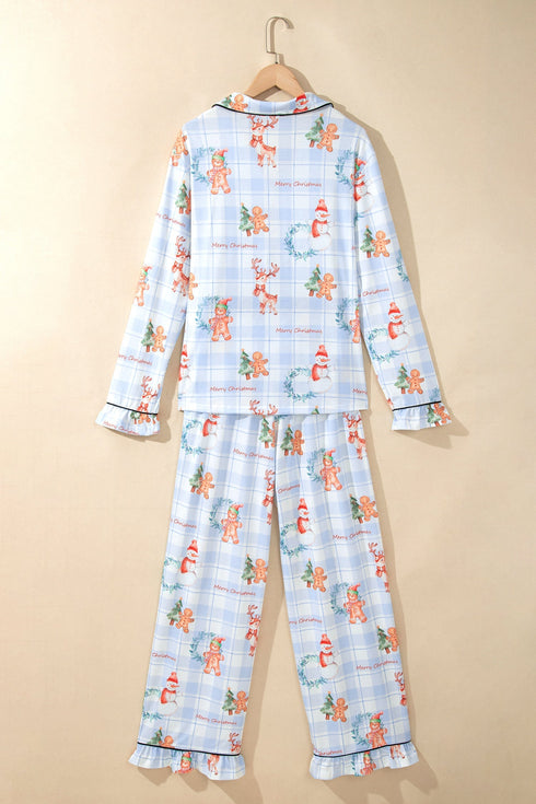 Plaid Cartoon Print Shirt Top And Pants Lounge Set