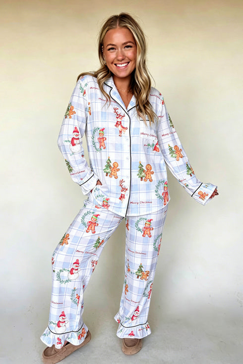 Plaid Cartoon Print Shirt Top And Pants Lounge Set