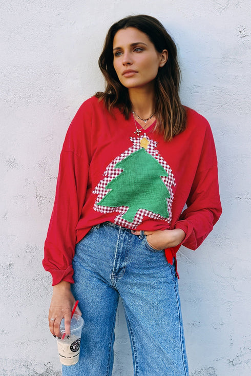 Plaid Christmas Tree Frayed Applique Drop Shoulder Sweatshirt