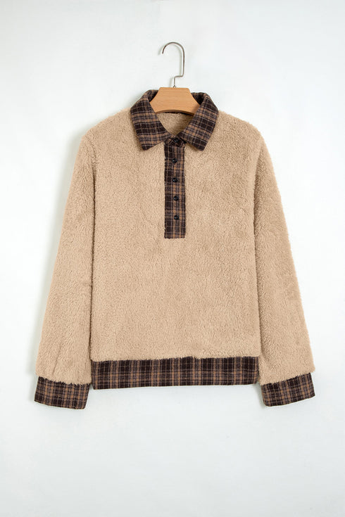 Plaid Collar Button Front Fleece Pullover Sweatshirt