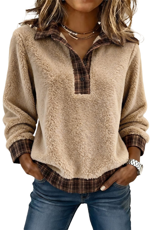 Plaid Collar Button Front Fleece Pullover Sweatshirt