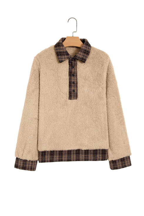 Plaid Collar Button Front Fleece Pullover Sweatshirt