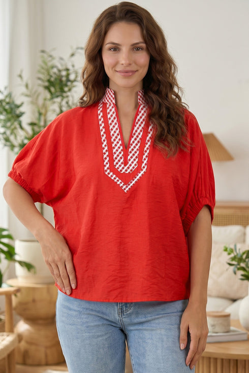 Plaid Collar V Neck Short Sleeve Tunic Blouse