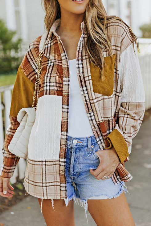 Plaid Color Block Patchwork Shirt Jacket With Pocket
