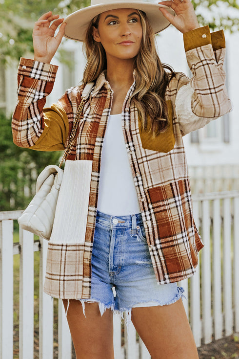Plaid Color Block Patchwork Shirt Jacket With Pocket
