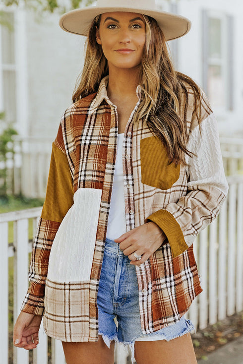 Plaid Color Block Patchwork Shirt Jacket With Pocket