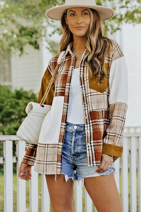 Plaid Color Block Patchwork Shirt Jacket With Pocket