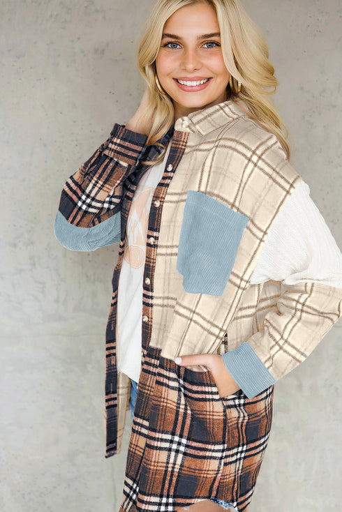 Plaid Color Block Patchwork Shirt Jacket With Pocket