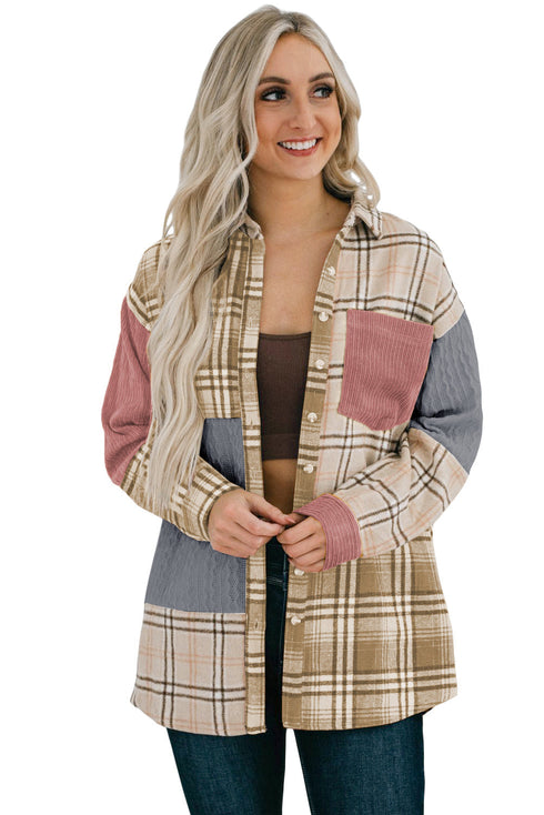 Plaid Color Block Patchwork Shirt Jacket With Pocket