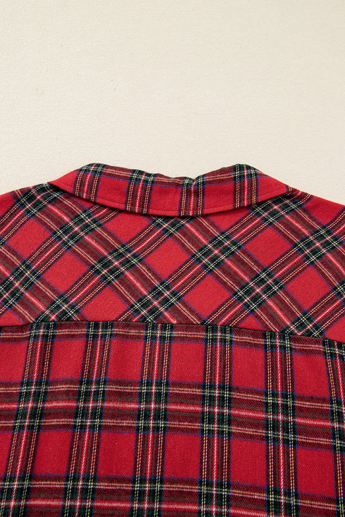 Plaid Contrast Patchwork Long Sleeve Shirt Shorts Pajama Set