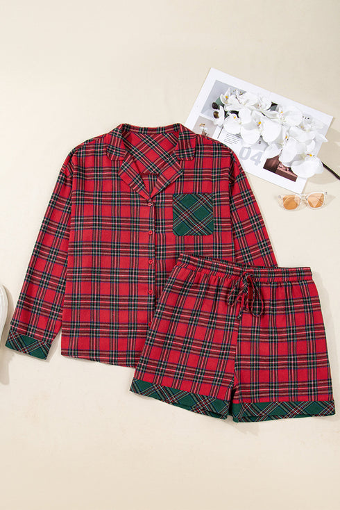 Plaid Contrast Patchwork Long Sleeve Shirt Shorts Pajama Set