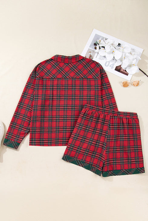 Plaid Contrast Patchwork Long Sleeve Shirt Shorts Pajama Set