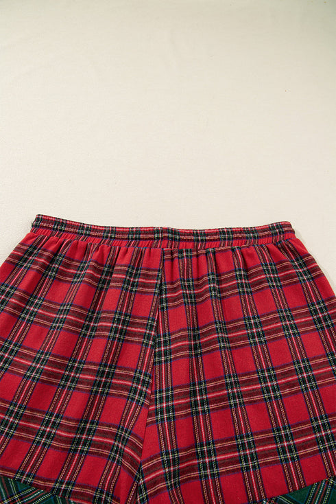 Plaid Contrast Patchwork Long Sleeve Shirt Shorts Pajama Set