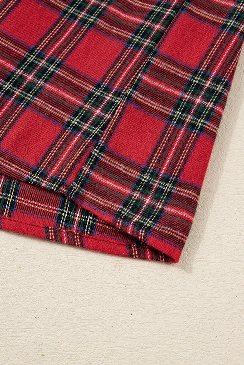 Plaid Contrast Patchwork Long Sleeve Shirt Shorts Pajama Set