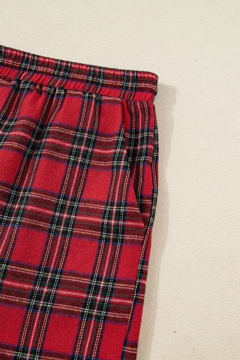 Plaid Contrast Patchwork Long Sleeve Shirt Shorts Pajama Set