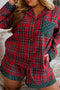 Plaid Contrast Patchwork Long Sleeve Shirt Shorts Pajama Set