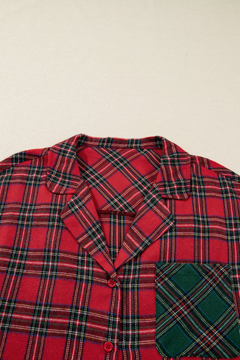 Plaid Contrast Patchwork Long Sleeve Shirt Shorts Pajama Set