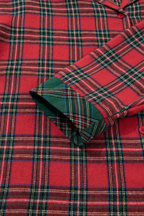 Plaid Contrast Patchwork Long Sleeve Shirt Shorts Pajama Set