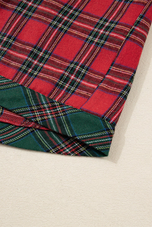 Plaid Contrast Patchwork Long Sleeve Shirt Shorts Pajama Set