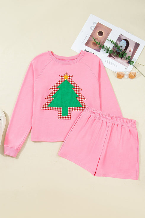 Plaid Contrasted Double Tree Patch Raglan Pullover Short Set